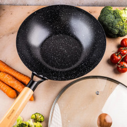 Kinghoff KH 1984 wok, 30 cm, Capac din sticlă cu gaură pentru abur, Finisaj marmură, Inducție, Negru