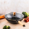 Kinghoff KH 1984 wok, 30 cm, Capac din sticlă cu gaură pentru abur, Finisaj marmură, Inducție, Negru