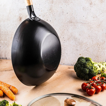 Kinghoff KH 1984 wok, 30 cm, Capac din sticlă cu gaură pentru abur, Finisaj marmură, Inducție, Negru