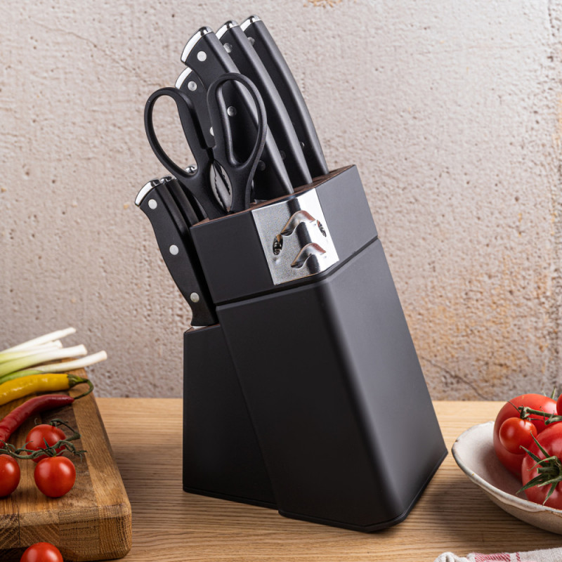 Set cuțite Klausberg KB 7985, 13 piese, Oțel inoxidabil, Mâner + ascuțitor, Negru