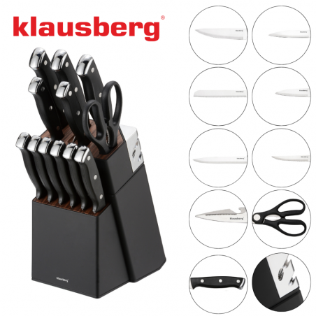 Set cuțite Klausberg KB 7985, 13 piese, Oțel inoxidabil, Mâner + ascuțitor, Negru