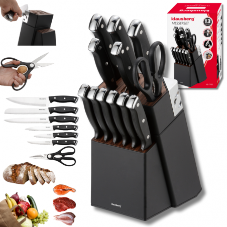 Set cuțite Klausberg KB 7985, 13 piese, Oțel inoxidabil, Mâner + ascuțitor, Negru