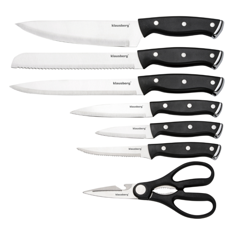 Set cuțite Klausberg KB 7985, 13 piese, Oțel inoxidabil, Mâner + ascuțitor, Negru