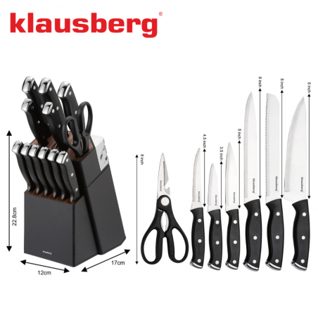 Set cuțite Klausberg KB 7985, 13 piese, Oțel inoxidabil, Mâner + ascuțitor, Negru