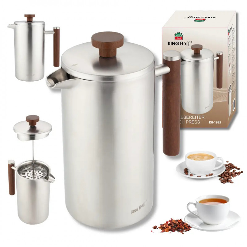 Presă franceză pentru cafea / ceai Kinghoff KH 1995, 1 l, Oțel inoxidabil, Pereți dubli, Inox