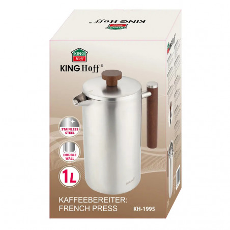 Presă franceză pentru cafea / ceai Kinghoff KH 1995, 1 l, Oțel inoxidabil, Pereți dubli, Inox