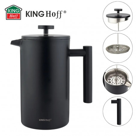 Presă franceză pentru cafea/ceai Kinghoff KH 1996, 1 l, Oțel inoxidabil, Pereți dubli, Negru