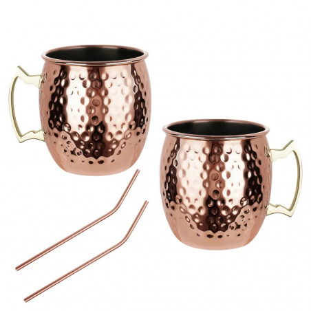 Set de pahare pentru Moscow Mule Kinghoff KH 2000, 2 buc, 500ml, 2 paie, oțel inoxidabil, cupru