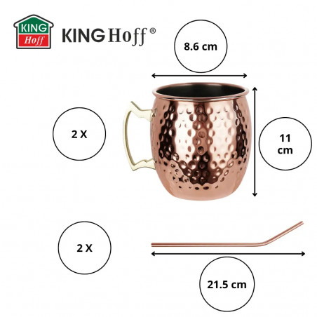 Set de pahare pentru Moscow Mule Kinghoff KH 2000, 2 buc, 500ml, 2 paie, oțel inoxidabil, cupru