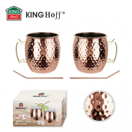 Set de pahare pentru Moscow Mule Kinghoff KH 2000, 2 buc, 500ml, 2 paie, oțel inoxidabil, cupru