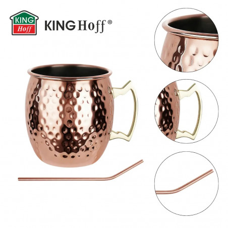 Set de pahare pentru Moscow Mule Kinghoff KH 2000, 2 buc, 500ml, 2 paie, oțel inoxidabil, cupru