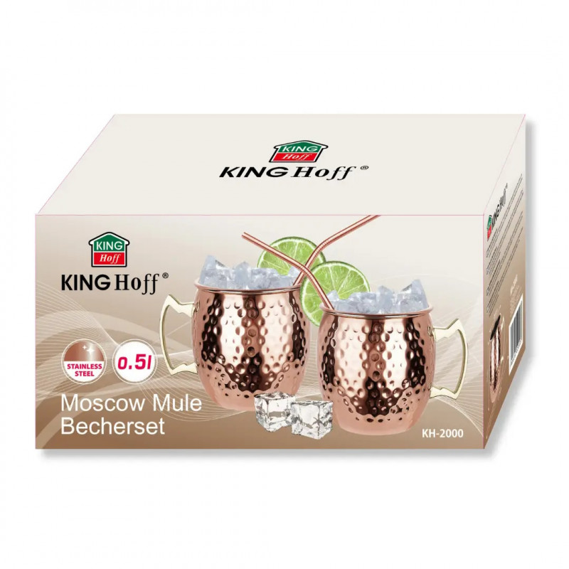 Set de pahare pentru Moscow Mule Kinghoff KH 2000, 2 buc, 500ml, 2 paie, oțel inoxidabil, cupru
