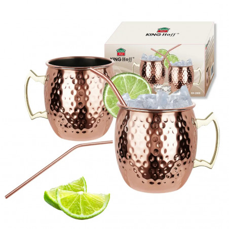 Set de pahare pentru Moscow Mule Kinghoff KH 2000, 2 buc, 500ml, 2 paie, oțel inoxidabil, cupru