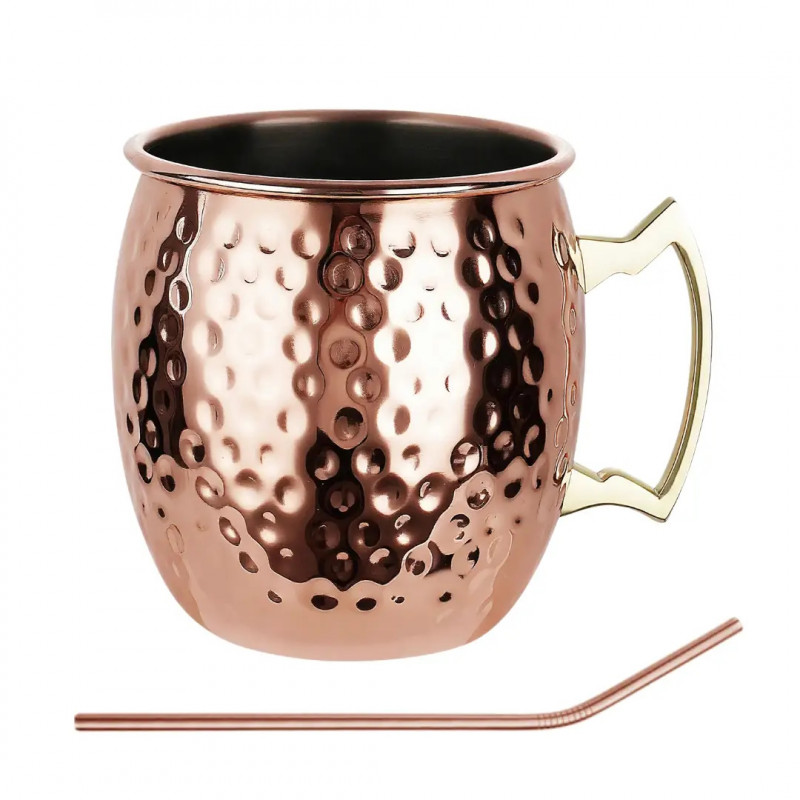 Set de pahare pentru Moscow Mule Kinghoff KH 2000, 2 buc, 500ml, 2 paie, oțel inoxidabil, cupru