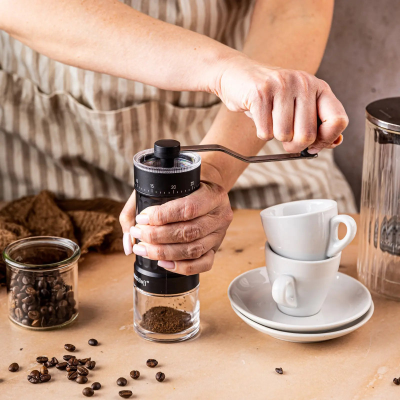 Măcinător manual de cafea Kinghoff KH 2002, 30 g, Mecanism ceramic, Reglare continuă a fineții, Negru