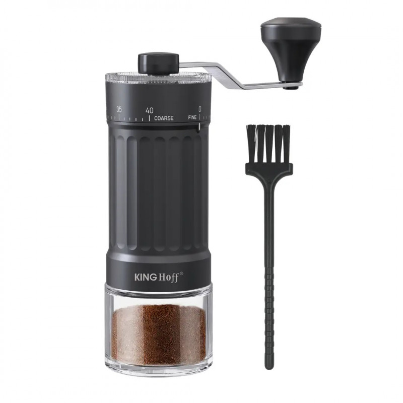 Măcinător manual de cafea Kinghoff KH 2002, 30 g, Mecanism ceramic, Reglare continuă a fineții, Negru