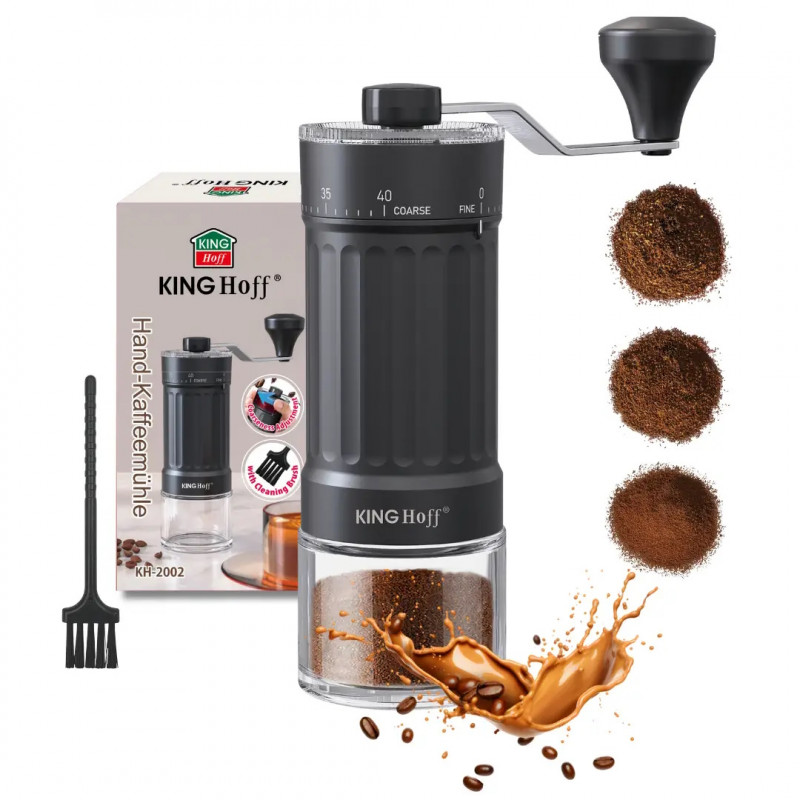 Măcinător manual de cafea Kinghoff KH 2002, 30 g, Mecanism ceramic, Reglare continuă a fineții, Negru