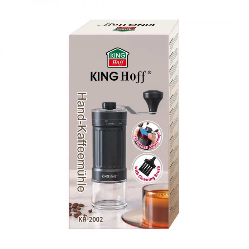 Măcinător manual de cafea Kinghoff KH 2002, 30 g, Mecanism ceramic, Reglare continuă a fineții, Negru