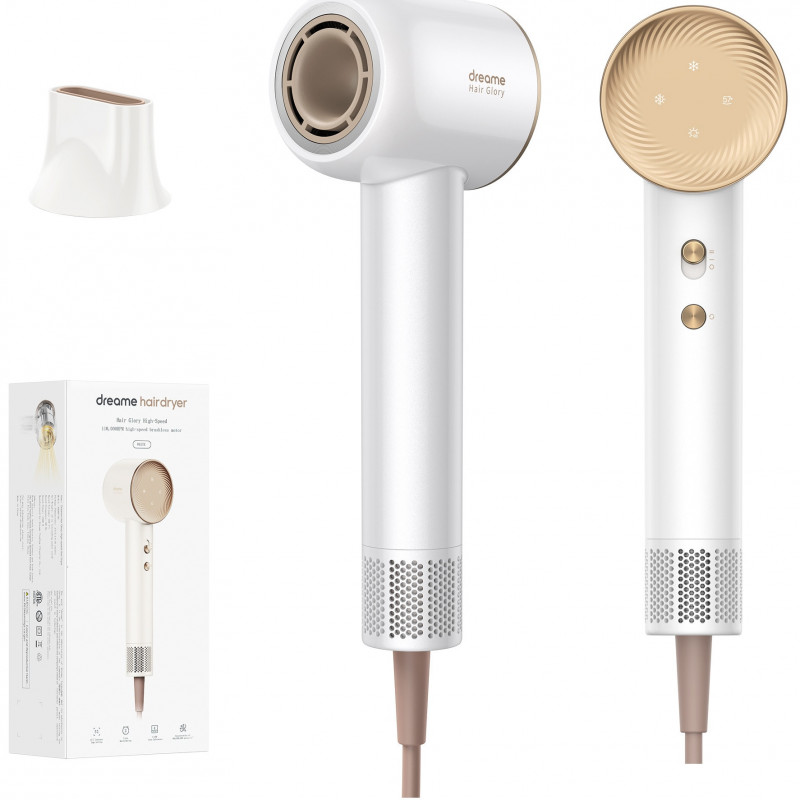 Dreame Glory uscător de păr, 1400W, 110000 rpm, 4 temperaturi, 2 viteze, 57°C, ionizare, termosenzor NTC, indicatori LED, alb