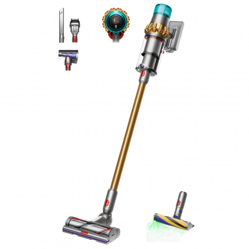 Aspirator vertical Dyson V15 Detect Absole 447000-01, 660W, 0.76 l, 60 min autonomie, Senzori, 3 moduri, LCD, Gri / aur