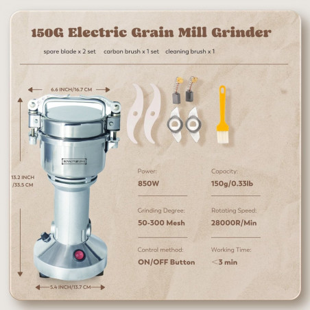 Râșniță electrică pentru cereale și condimenteRoyalty Line RL-FG21801, 850W, 150 g, 28000 rpm, Timer, Inox