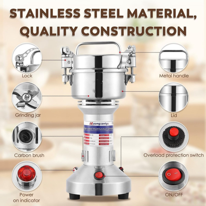 Râșniță electrică pentru cereale și condimenteRoyalty Line RL-FG21801, 850W, 150 g, 28000 rpm, Timer, Inox