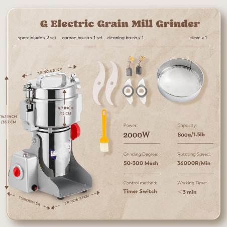 Râșniță electrică pentru cereale și condimente RL-FG21803, 2000W, 800 g, 36000 rpm, Timer, Inox