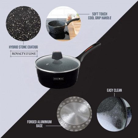 Caserolă cu capac Royalty Line RL-FSN20, 20 cm, 2.1 l, finisaj granit, inducție, negru