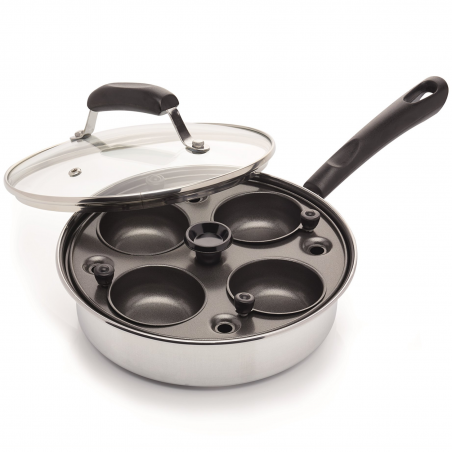 Tigaie pentru oua benedict KitchenCraft KCPOACH4, 21 cm, 5 l, Capac, 4 forme detasabile, Functie tigaie adanca, Inductie, Inox/Argintiu
