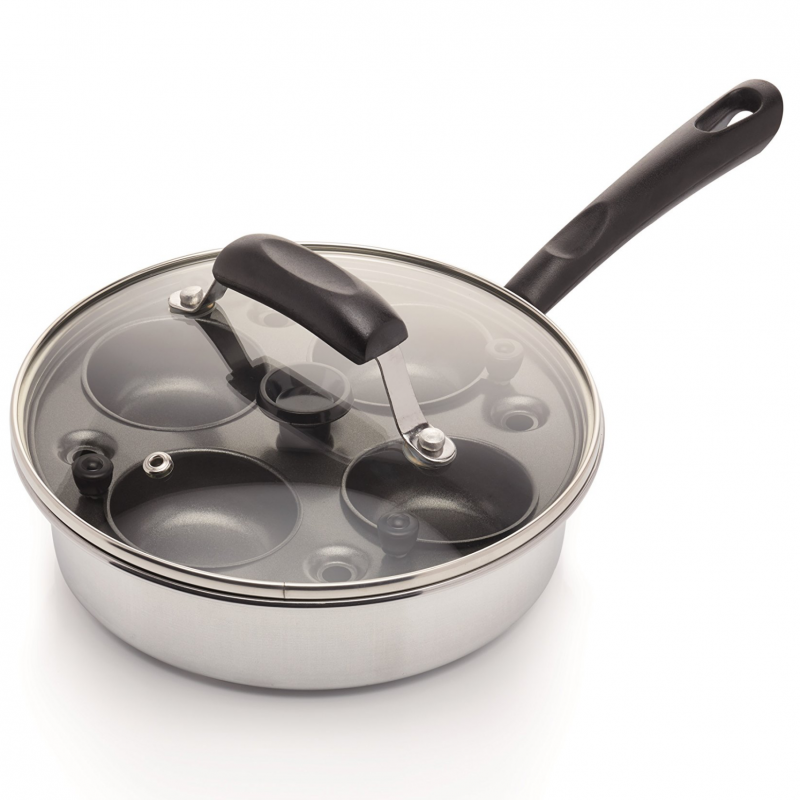 Tigaie pentru oua benedict KitchenCraft KCPOACH4, 21 cm, 5 l, Capac, 4 forme detasabile, Functie tigaie adanca, Inductie, Inox/Argintiu