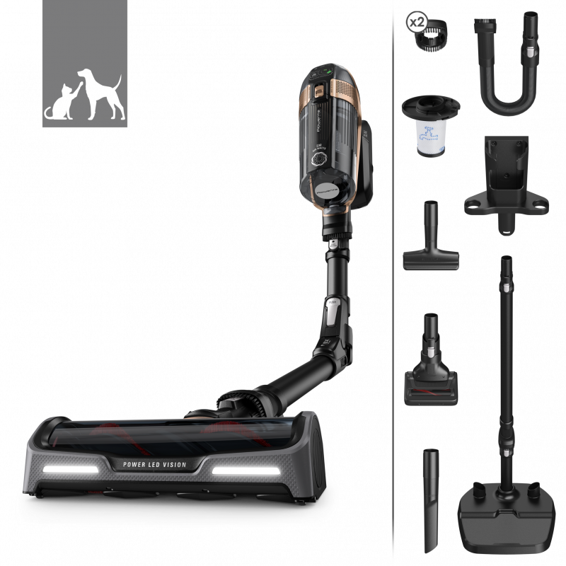 Rowenta X-Force Flex 15.60 RH99F1, 520W, 230AW, 0.9 litri, 32.4V, Autonomie 80 min, Auto power, LED, Display, Flex, Negru/Bronz