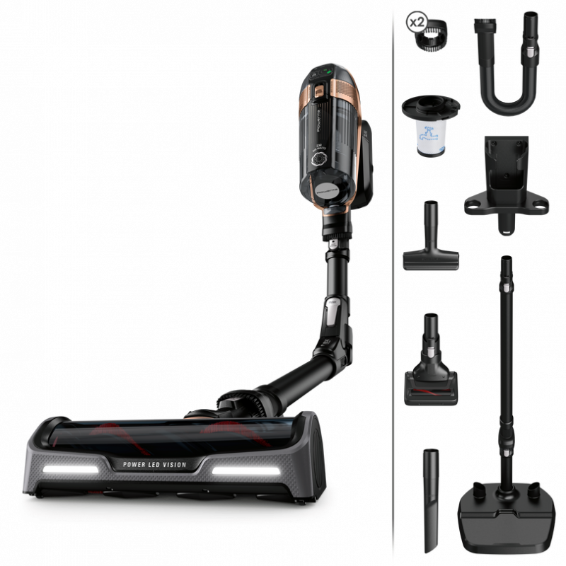 Rowenta X-Force Flex 15.60 RH99F1, 520W, 230AW, 0.9 litri, 32.4V, Autonomie 80 min, Auto power, LED, Display, Flex, Negru/Bronz