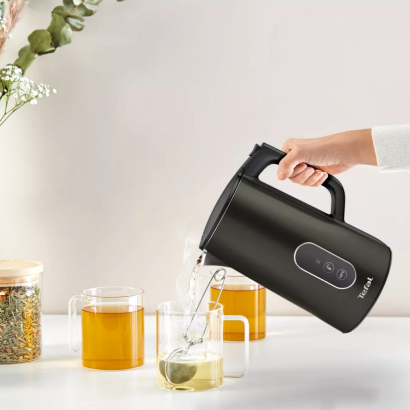 Fierbător electric Tefal KI831E10, 1800W, 1.7 l, 5 niveluri de temperatură, LED, Control tactil, Baza 360°C, Pereți dubli, Filtru anticalcar, Negru