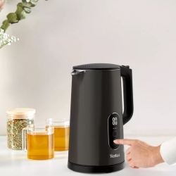 Fierbător electric Tefal KI831E10, 1800W, 1.7 l, 5 niveluri de temperatură, LED, Control tactil, Baza 360°C, Pereți dubli, Filtru anticalcar, Negru