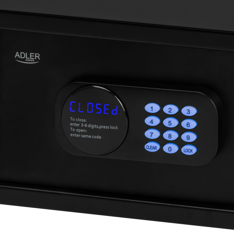 Seif electronic Adler AD 1045, 200x420x370 mm, 14 l, Blocare după 4 încercări greșite, Avertizare baterie descărcată, Negru