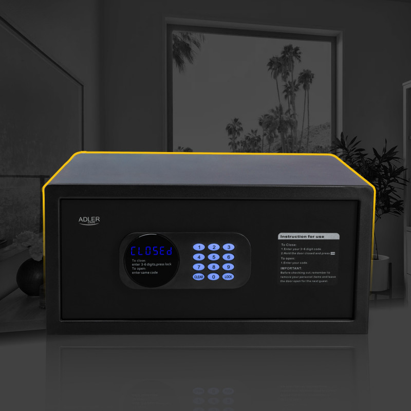 Seif electronic Adler AD 1045, 200x420x370 mm, 14 l, Blocare după 4 încercări greșite, Avertizare baterie descărcată, Negru