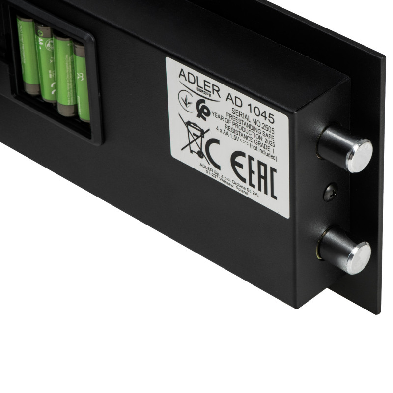Seif electronic Adler AD 1045, 200x420x370 mm, 14 l, Blocare după 4 încercări greșite, Avertizare baterie descărcată, Negru
