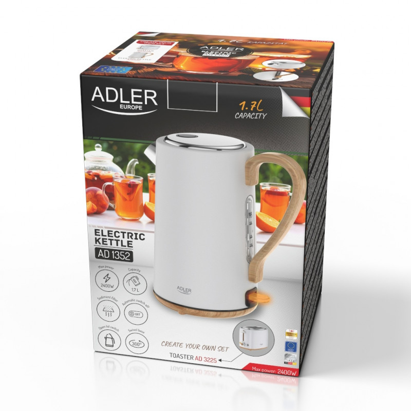 Fierbător electric Adler AD 1352, 2200W, 1,7 l, STRIX, bază rotativă, oprire automată, alb