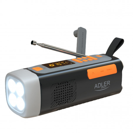 Adler AD 1920 Radio de urgență, panou solar / dinamo portabil / USB-C, 4500 mAh, Bluetooth, afișaj LED, negru / portocaliu