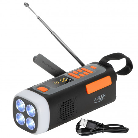 Adler AD 1920 Radio de urgență, panou solar / dinamo portabil / USB-C, 4500 mAh, Bluetooth, afișaj LED, negru / portocaliu