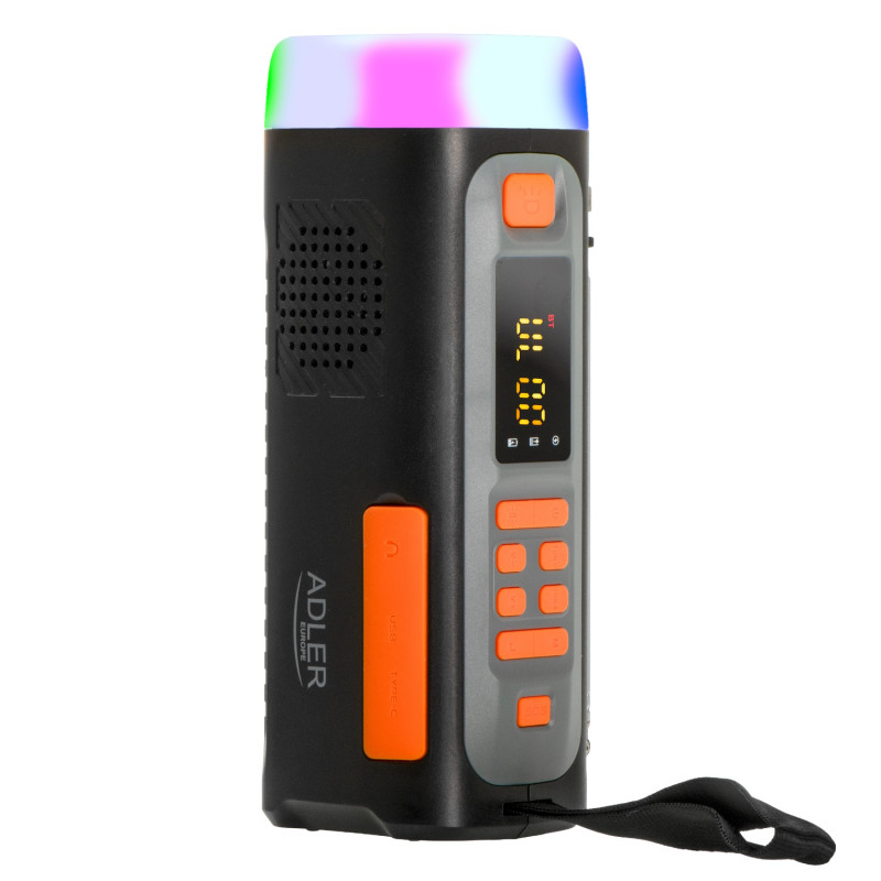 Adler AD 1920 Radio de urgență, panou solar / dinamo portabil / USB-C, 4500 mAh, Bluetooth, afișaj LED, negru / portocaliu