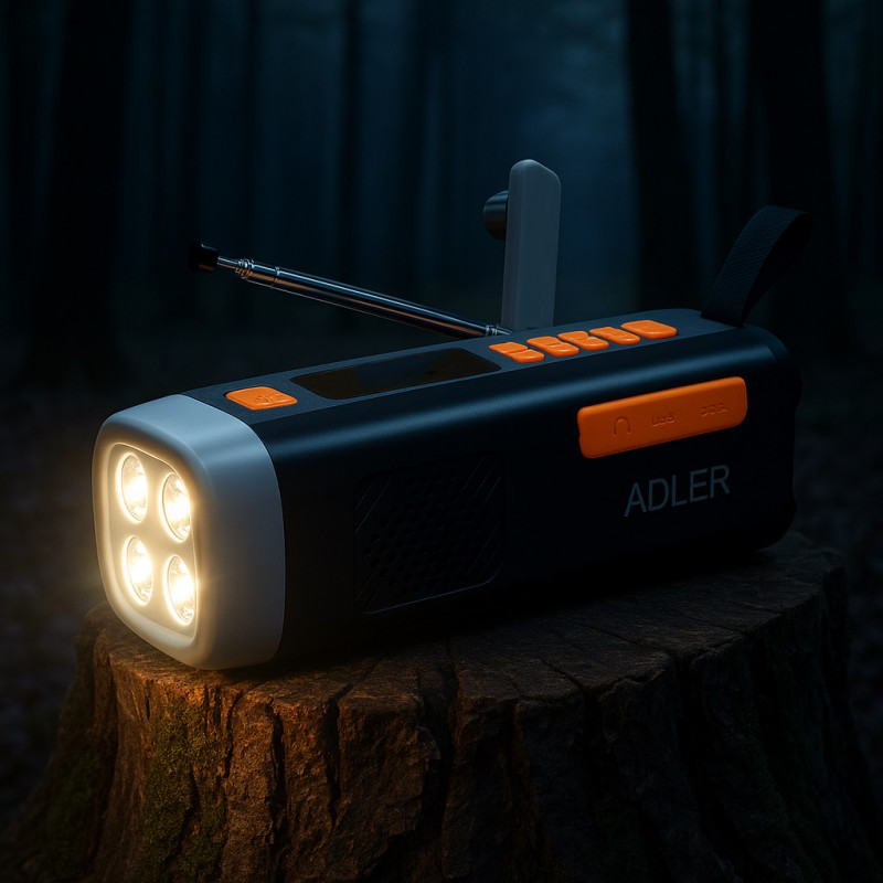 Adler AD 1920 Radio de urgență, panou solar / dinamo portabil / USB-C, 4500 mAh, Bluetooth, afișaj LED, negru / portocaliu