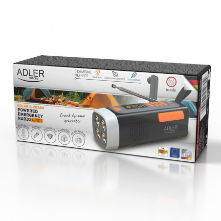 Adler AD 1920 Radio de urgență, panou solar / dinamo portabil / USB-C, 4500 mAh, Bluetooth, afișaj LED, negru / portocaliu