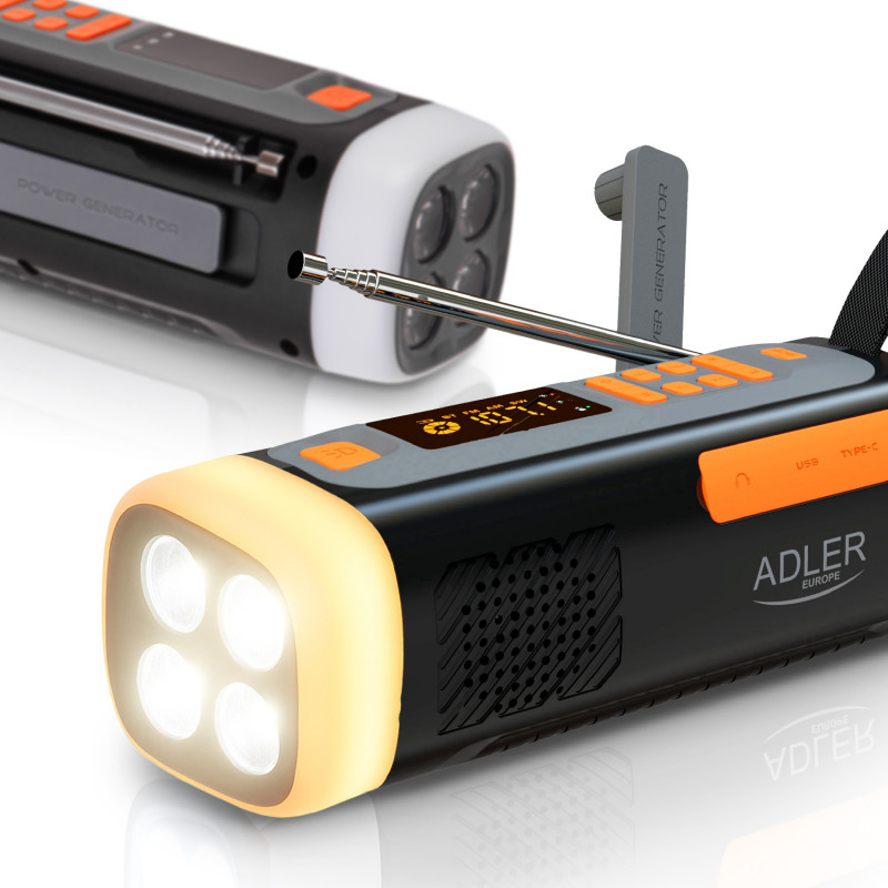 Adler AD 1920 Radio de urgență, panou solar / dinamo portabil / USB-C, 4500 mAh, Bluetooth, afișaj LED, negru / portocaliu
