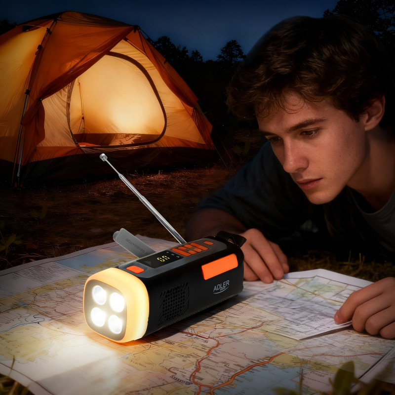Adler AD 1920 Radio de urgență, panou solar / dinamo portabil / USB-C, 4500 mAh, Bluetooth, afișaj LED, negru / portocaliu