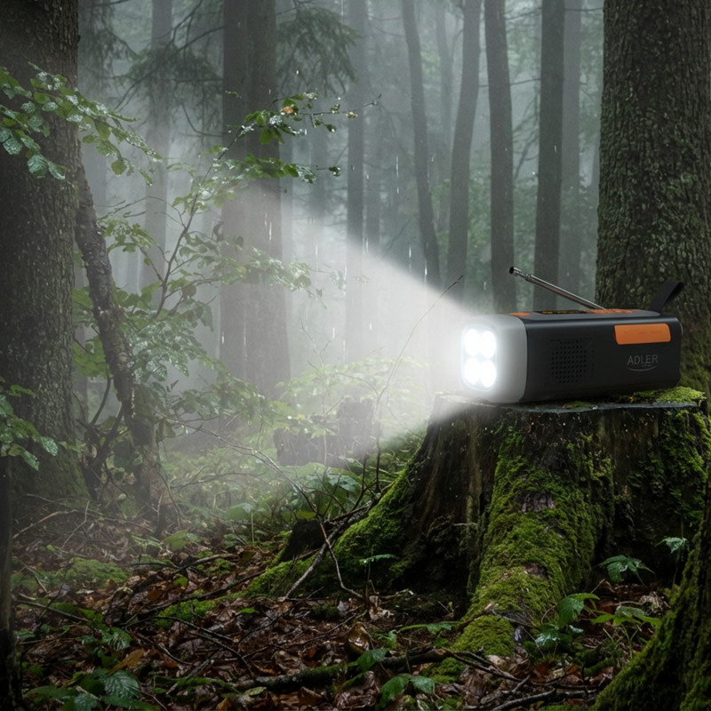 Adler AD 1920 Radio de urgență, panou solar / dinamo portabil / USB-C, 4500 mAh, Bluetooth, afișaj LED, negru / portocaliu