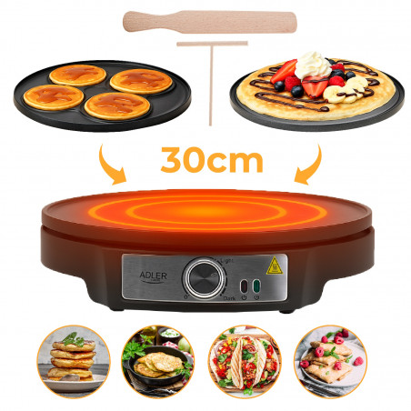 Aparat pentru clătite Adler AD 3093, 1600W, 30 cm, Ustensile incluse, Negru/Inox