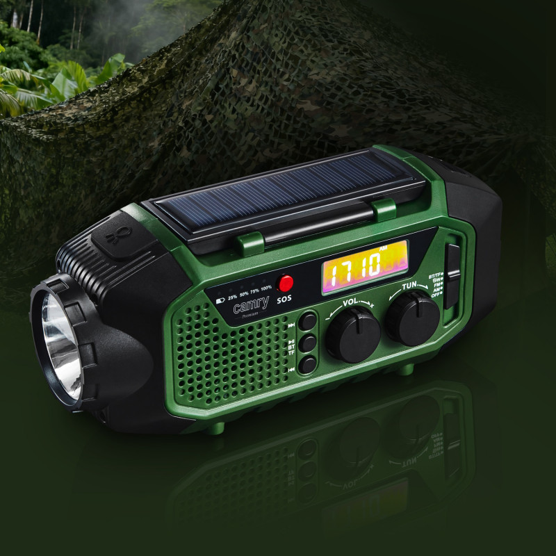 Camry CR 1919 Radio de urgență, panou solar / dinamo portabil / USB-C, 4000 mAh, Bluetooth, afișaj LED, verde / negru