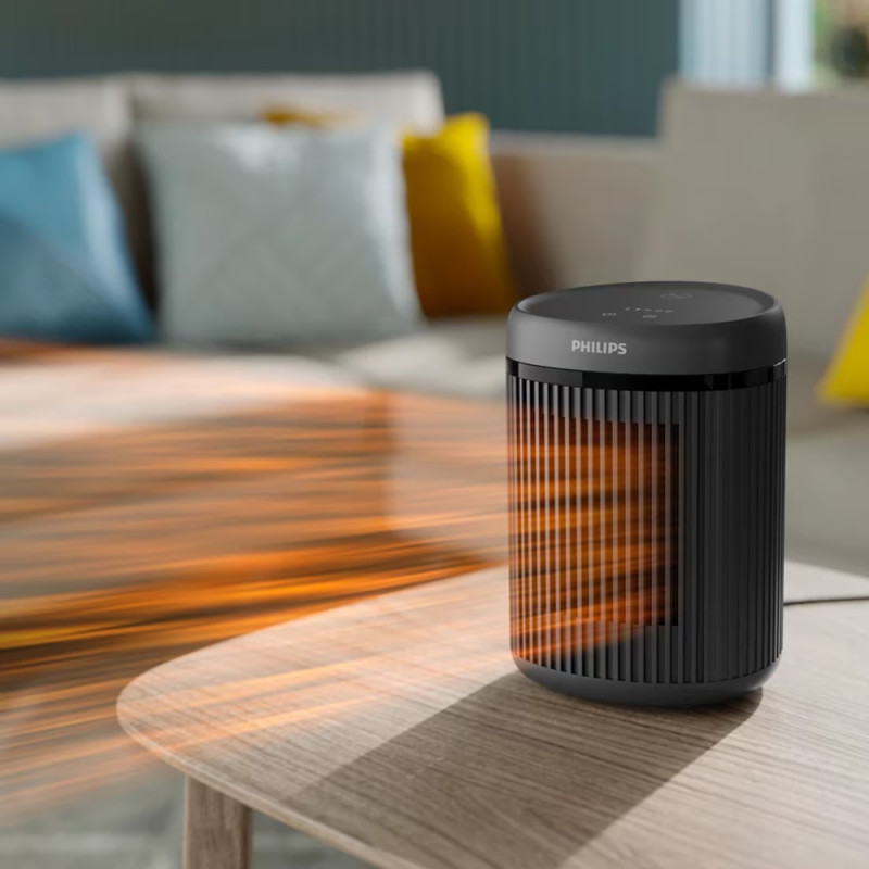 Ventilator-suflantă cu încălzire ceramică Philips CX2120/01, 600/1500 W, Pentru până la 15m2, 3 setări de temperatură, Protecție la răsturnare, Negru