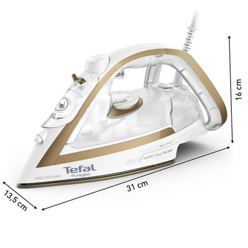 Fier de călcat TEFAL Puregliss FV8042E0, 2900 W, 270 g/min, 270 ml, călcare verticală, sistem anti-picurare, alb/dorat